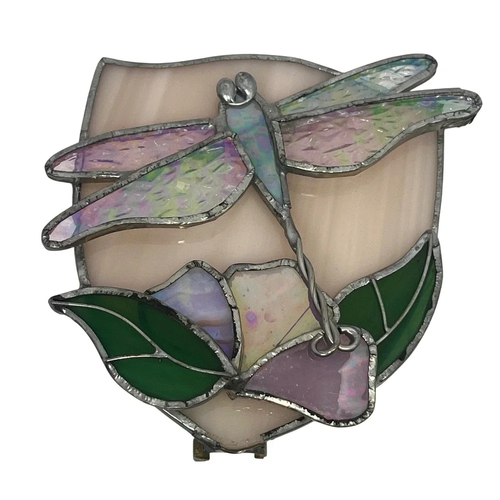 VTG Stained Glass Iridescent Dragonfly Night Light Cover Window Decor Art Glass